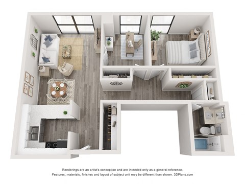 Floor plan for 1 bed, 1 bath, 838 sqft